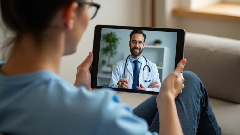 Patient sitting on couch at home having video consultation with doctor on tablet screen, relaxed home environment, professional medical setting on screen