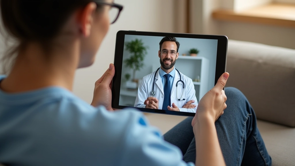 Patient sitting on couch at home having video consultation with doctor on tablet screen, relaxed home environment, professional medical setting on screen