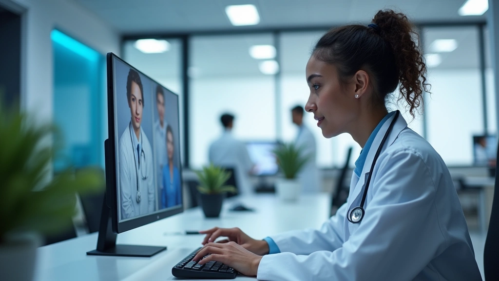 Doctor in white coat looking at computer screen during virtual consultation, modern clinic office background, professional he