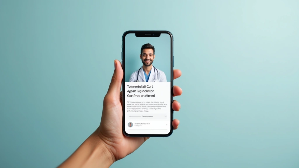 Smartphone screen showing telehealth appointment confirmation with medical professional avatar, hands holding phone, clean mi