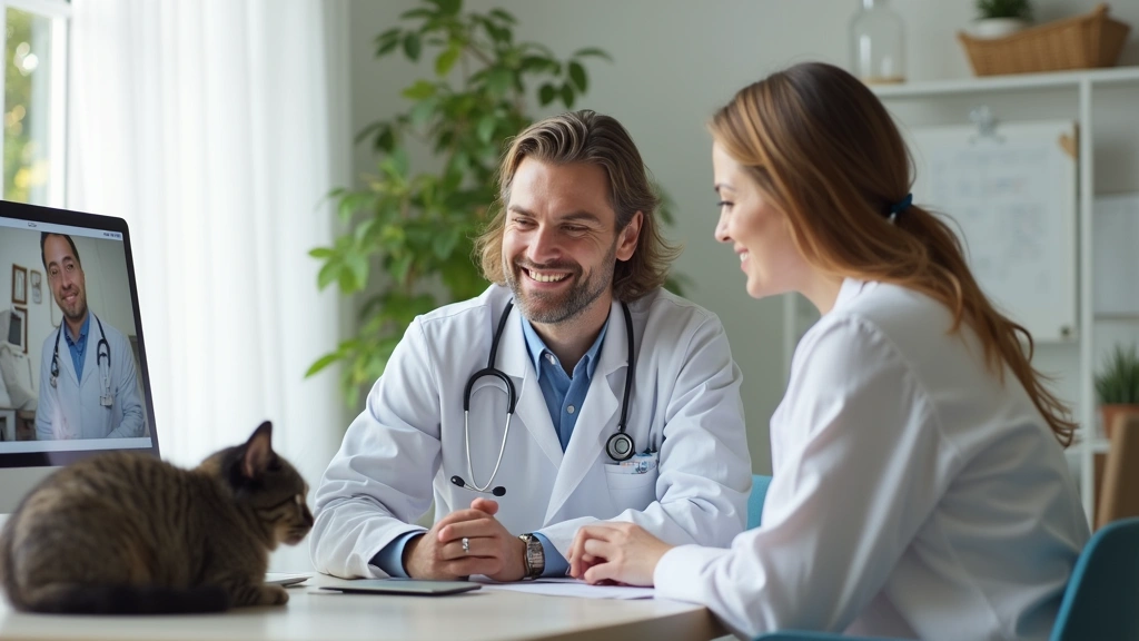 Pet owner video consulting with veterinarian on laptop in bright home setting, cat visible on desk, professional medical atmosphere, natural lighting