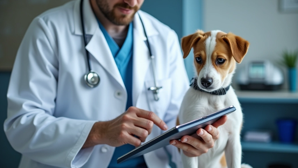 Veterinarian in clinic coat reviewing pet medical records on tablet computer, professional healthcare environment, diagnostic