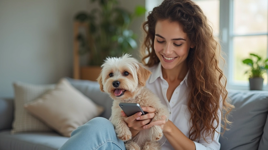 Young woman holding small dog during video call consultation on smartphone, comfortable home setting, clear indoor lighting, 
