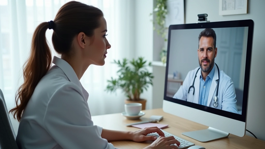 Professional woman in home office having video consultation with male doctor on computer screen, modern bright room, healthcare setting, realistic medical telehealth session