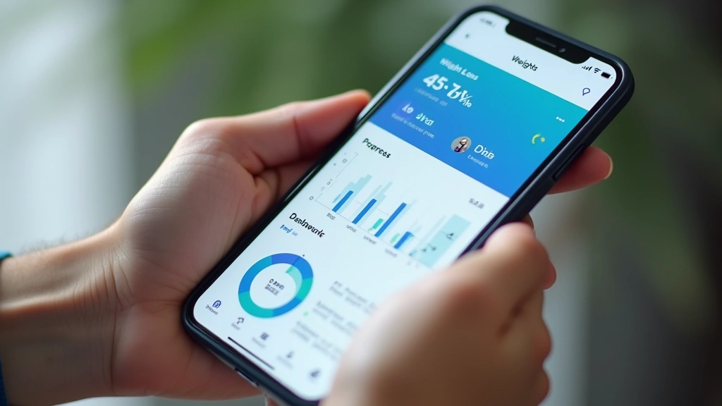 Close-up of hands holding smartphone showing weight loss app dashboard with progress charts and health metrics, medical track