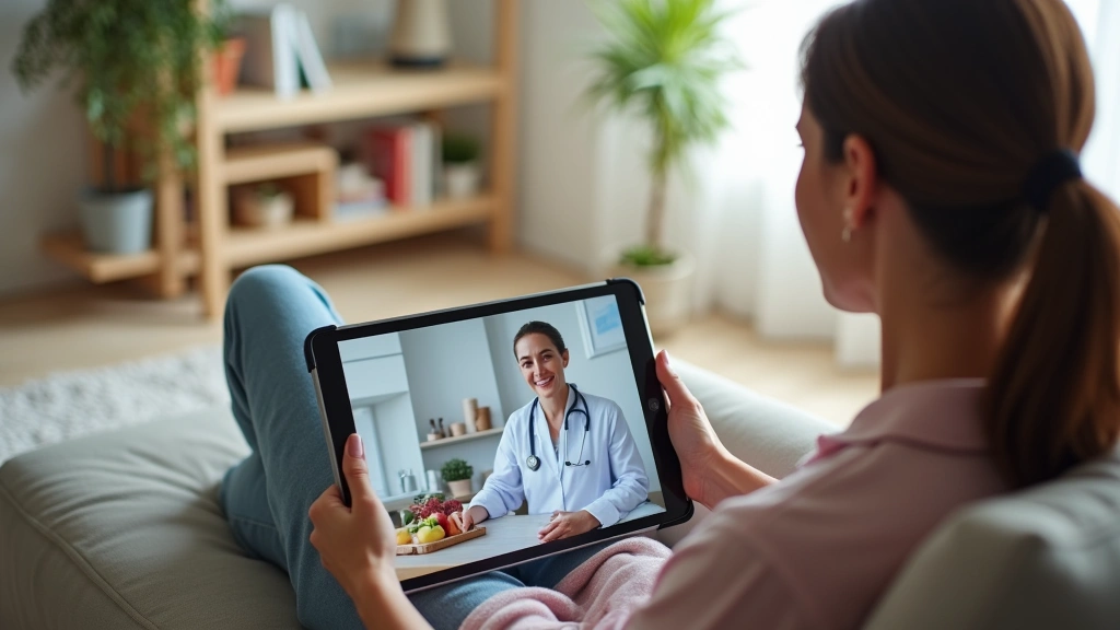 Female patient in comfortable home setting reviewing nutrition plan on tablet with healthcare provider visible on video call,