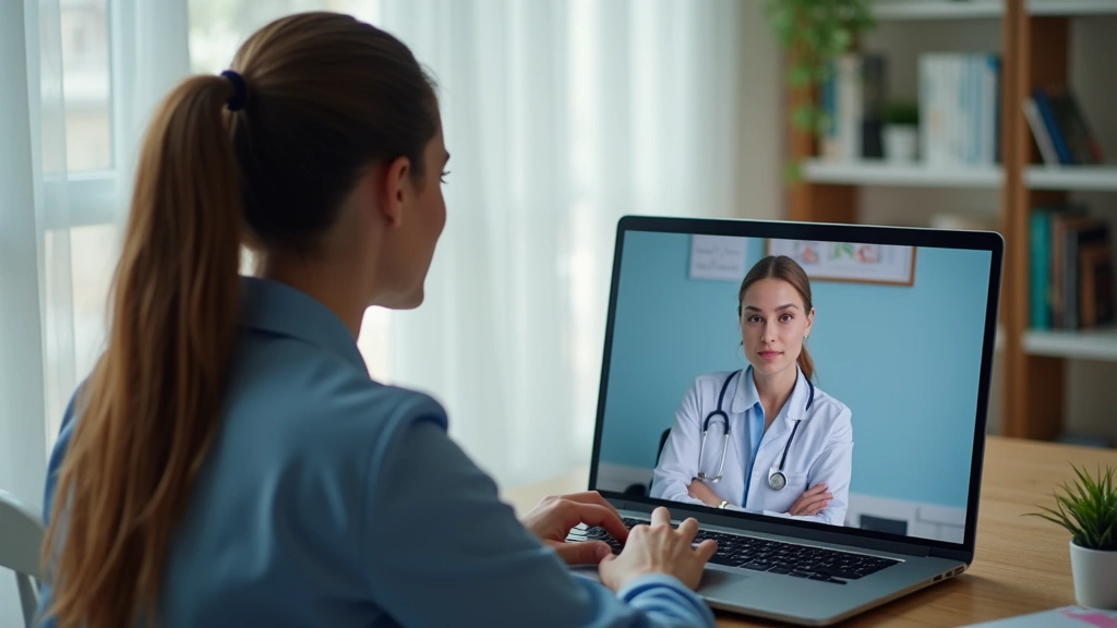 Professional woman on video call with doctor on laptop screen, home office background, calm lighting, healthcare technology interface visible