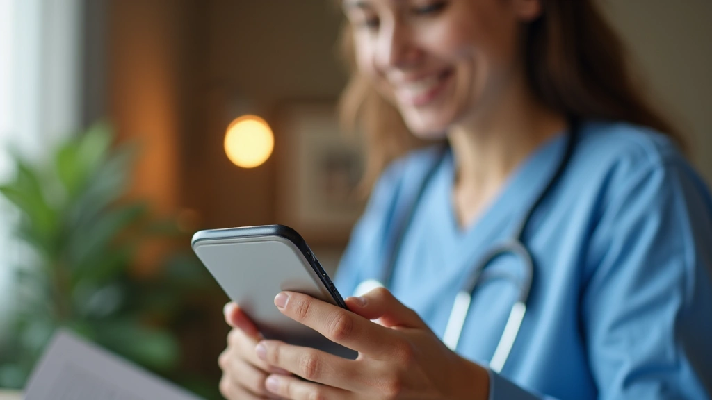 Close-up of patient holding smartphone during telemedicine consultation, blurred home interior, warm natural lighting, focuse