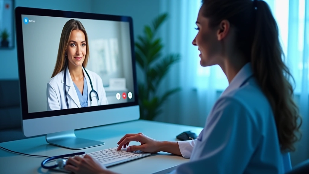 Healthcare provider in medical office on video call with patient on computer monitor, stethoscope on desk, modern clinic sett