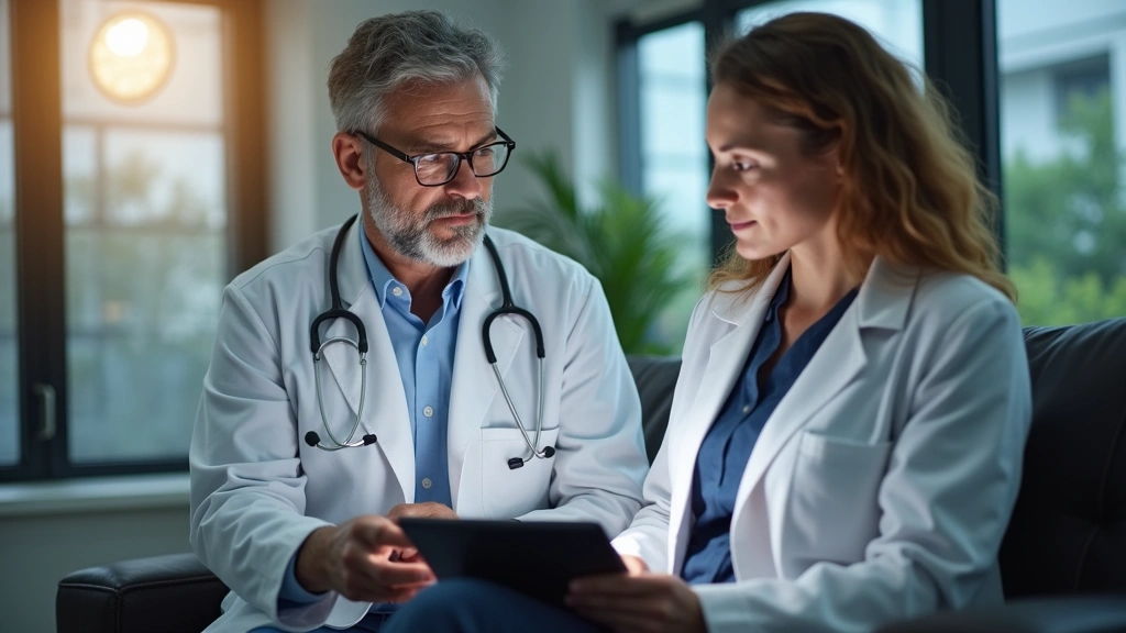 Professional doctor consulting with patient in modern medical office, discussing treatment options on tablet, warm lighting, serious focused expressions