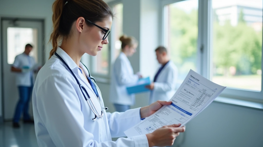 Healthcare provider reviewing patient medical records and treatment charts in clinical setting, professional medical environm