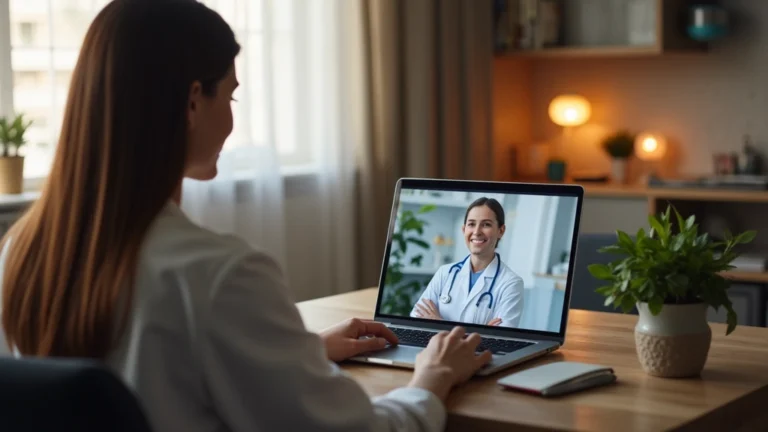 Female patient having video consultation with doctor on laptop in home setting, warm lighting, professional medical atmosphere