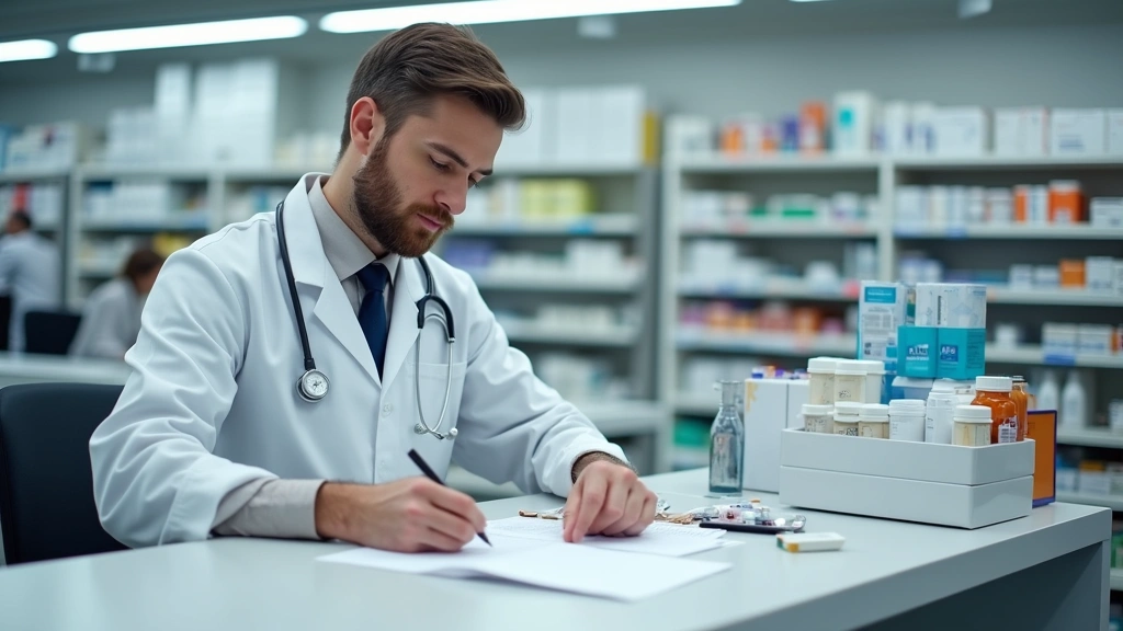 Pharmacist at pharmacy counter preparing medication prescriptions, organized shelves of medications in background, clinical s