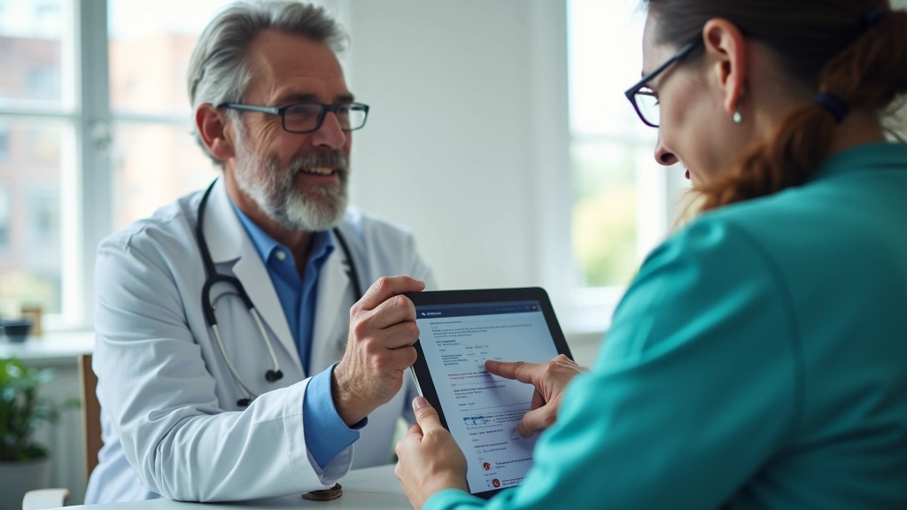 Healthcare provider reviewing urine test results on digital tablet with patient in telehealth consultation, modern medical of