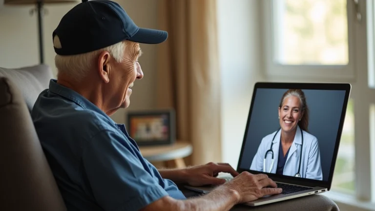 Elderly veteran sitting at home with laptop computer during video telehealth appointment with healthcare provider, professional home office setting, natural lighting