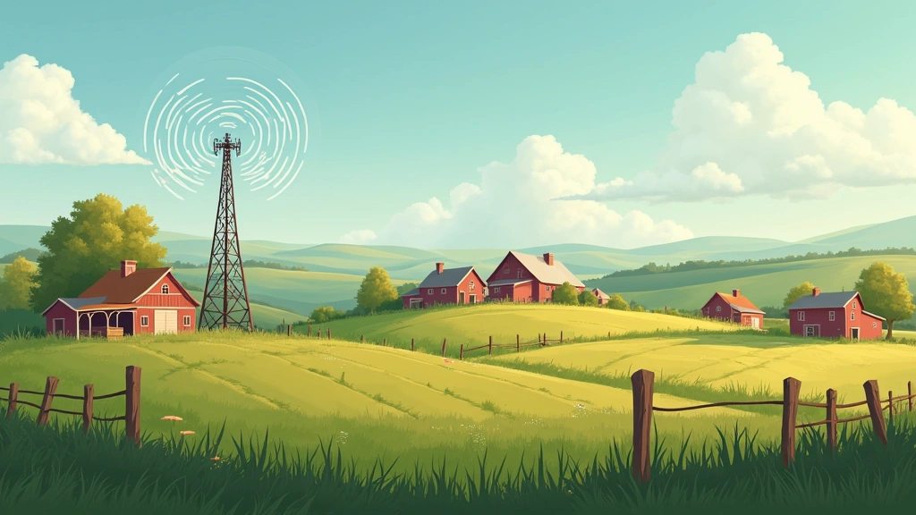 Rural landscape with farm buildings and weak cell tower signal visualization, depicting broadband connectivity challenges for