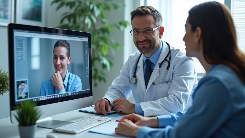 Healthcare provider in medical office reviewing patient records on computer screen during virtual consultation, professional