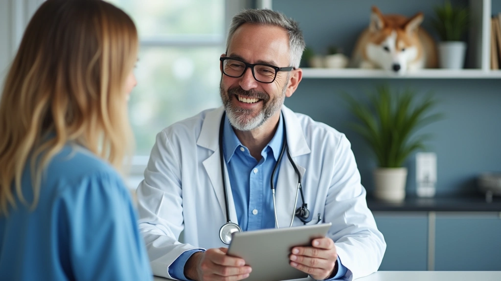 Professional veterinarian consulting with pet owner via video call on tablet, modern clinic background, caring expression, hi