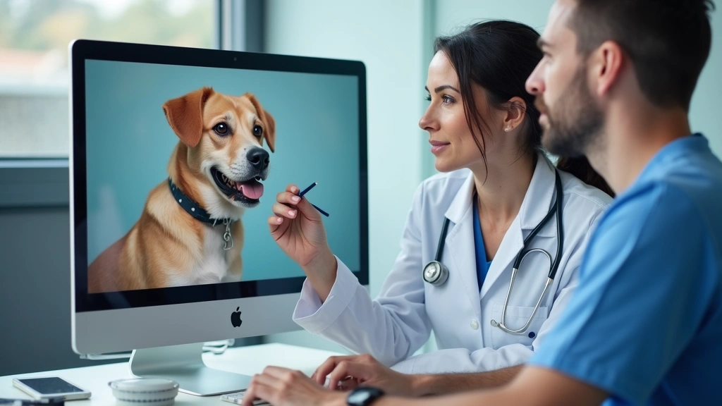 Licensed veterinarian in professional clinic reviewing pet medical records on computer during telehealth session, clinical wo