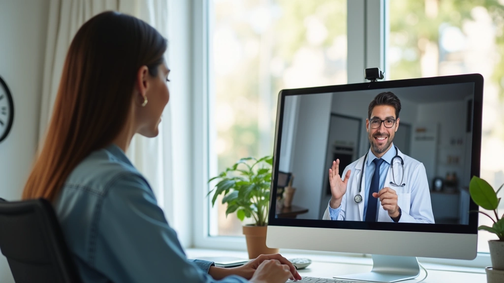 Professional woman in home office on video call with male doctor on computer screen, bright natural lighting, modern healthcare setting, patient smiling during telehealth consultation