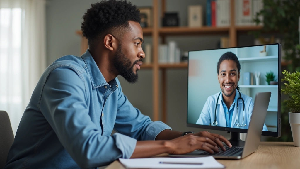 Diverse male patient sitting at desk during virtual doctor appointment on laptop, comfortable home setting, doctor visible on