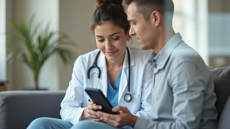 Professional woman using smartphone for virtual doctor consultation at home, calm medical setting, modern interior