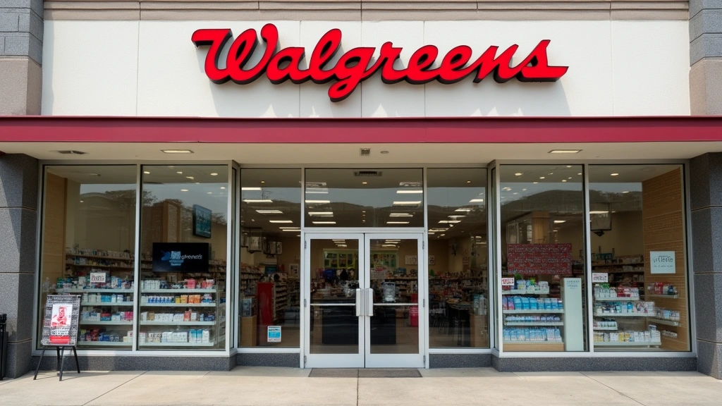 Walgreens pharmacy storefront exterior with clear signage, natural daylight, professional retail environment