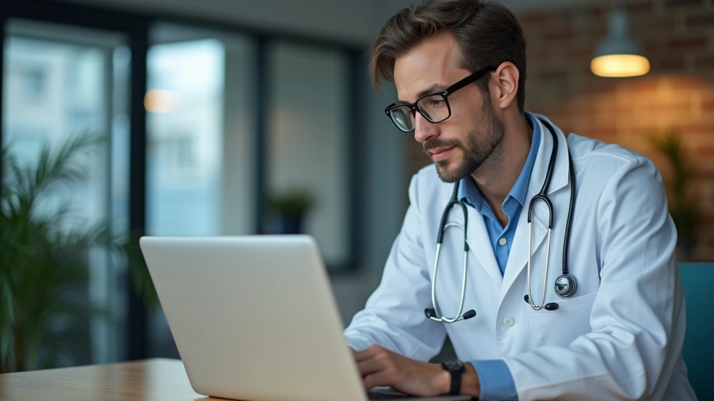Healthcare provider conducting video consultation on laptop, medical office background, professional attire, warm lighting