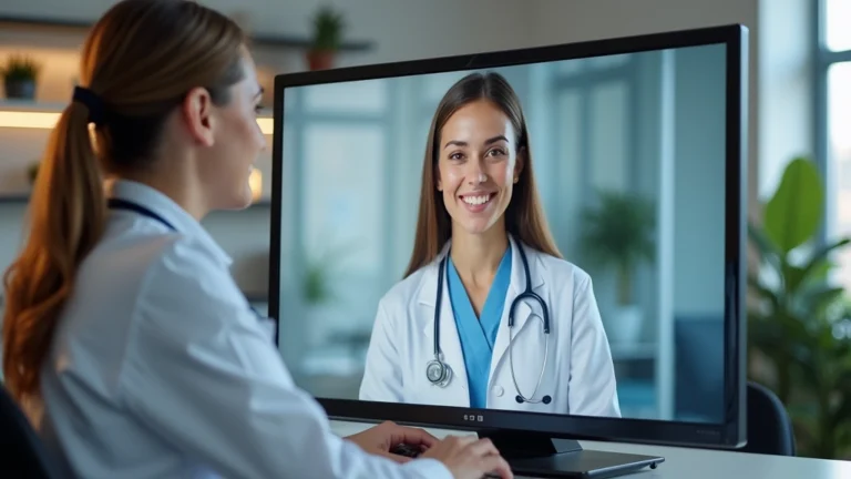 Professional female doctor in white coat on video call screen, modern office background, patient consultation setup, warm lighting, healthcare technology visible