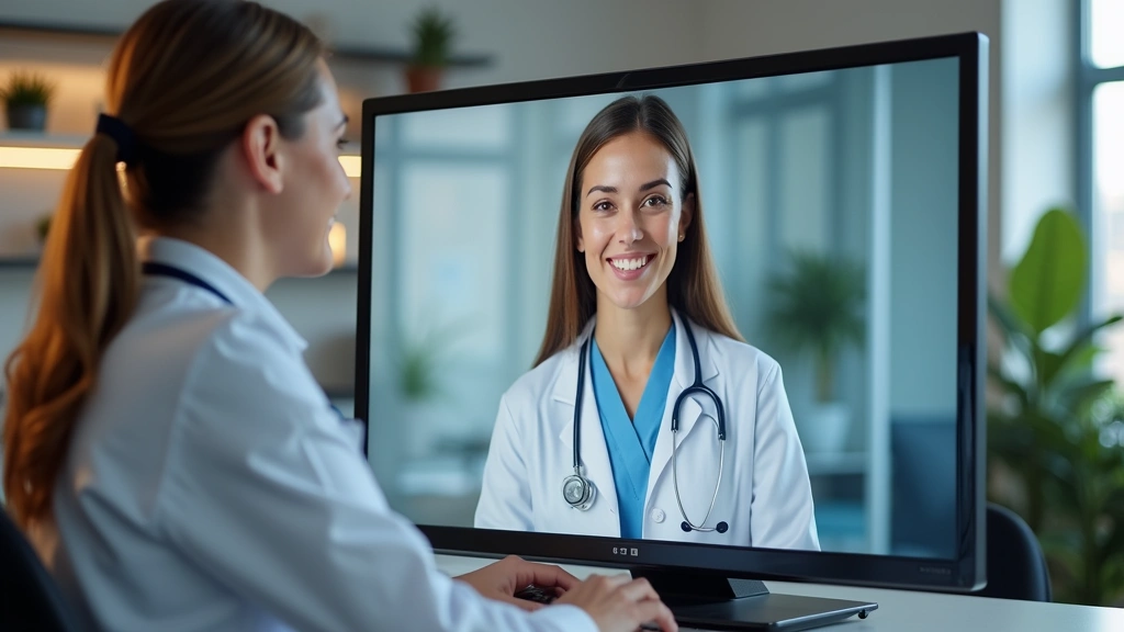 Professional female doctor in white coat on video call screen, modern office background, patient consultation setup, warm lighting, healthcare technology visible