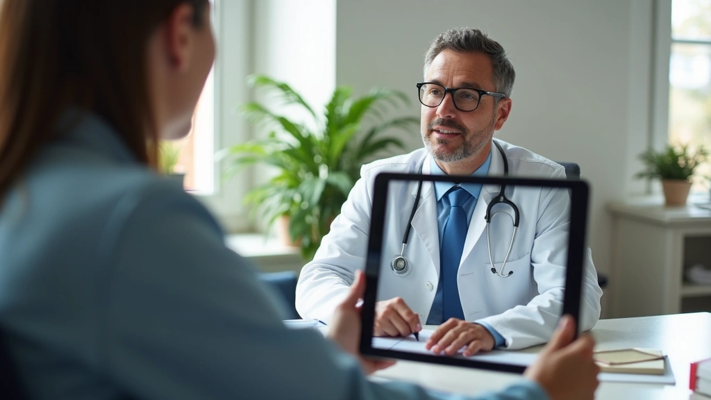 Telehealth appointment on tablet screen showing male physician, patient taking notes, home office setting, natural daylight, 