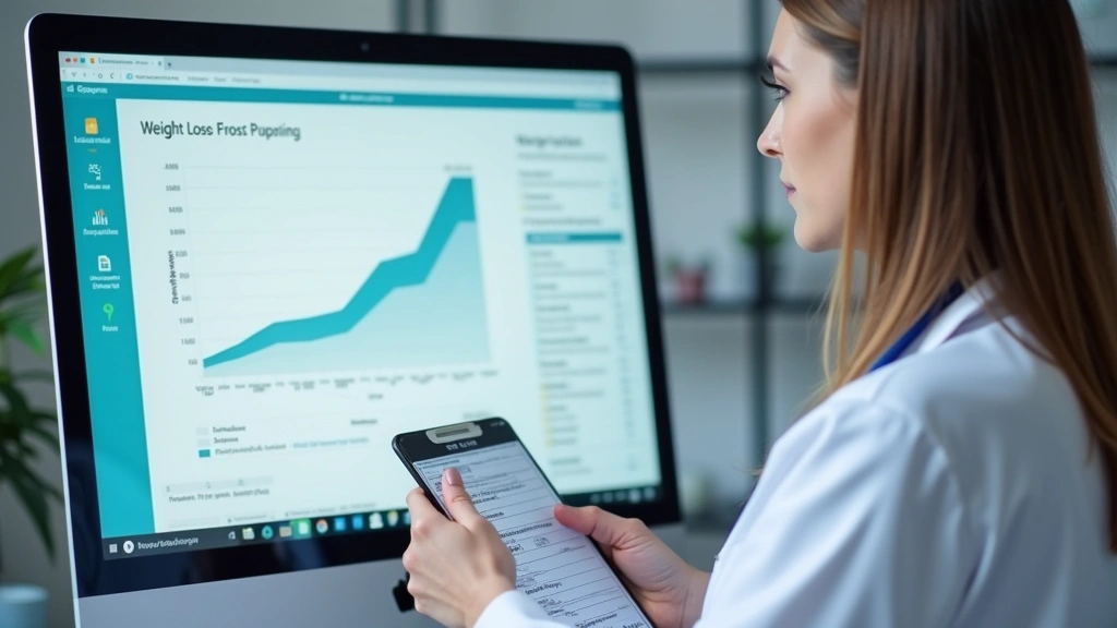 Healthcare provider reviewing weight loss progress chart on computer monitor, prescription pad visible, professional medical 