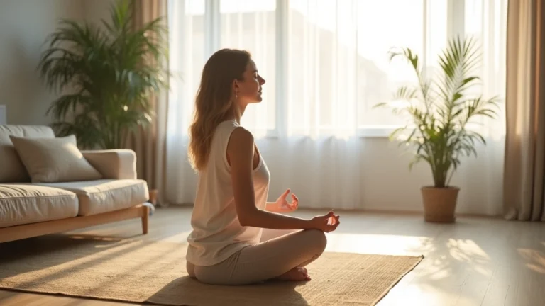 Person meditating peacefully in bright modern living room with natural light, serene expression, wellness lifestyle