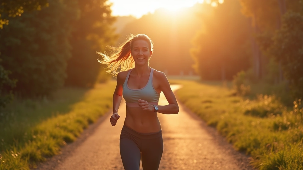 Woman jogging outdoors on sunny morning trail, athletic wear, healthy lifestyle, natural environment