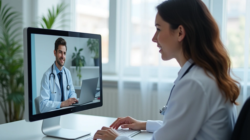 Professional female doctor in white coat conducting telehealth video consultation on computer in modern clinic office, patient visible on screen, healthcare technology setting