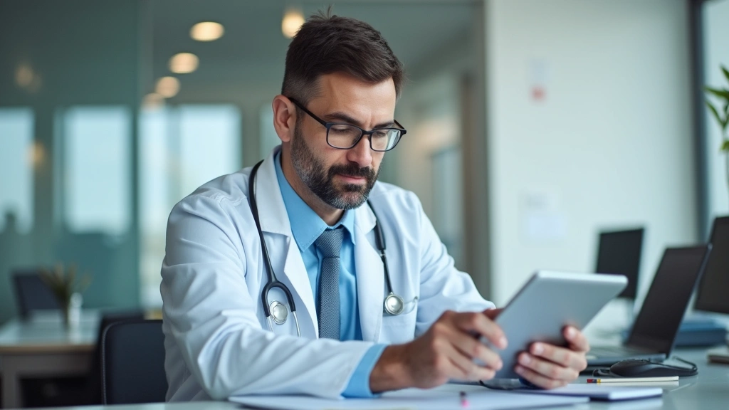 Male physician reviewing patient medical records on tablet while sitting at desk in contemporary healthcare facility, profess