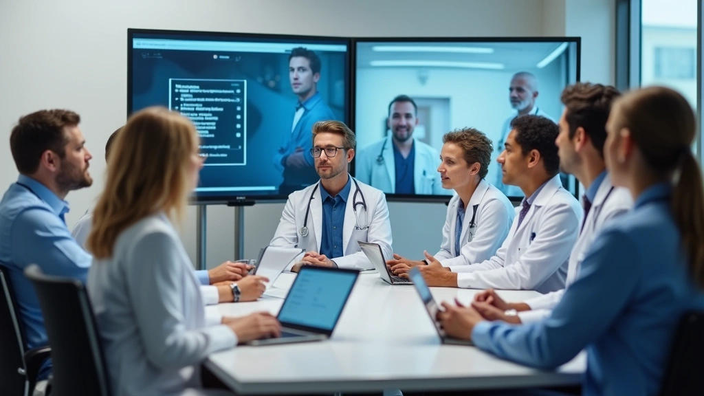 Diverse healthcare team in conference room reviewing interstate telehealth protocols on large monitor, collaborative medical 