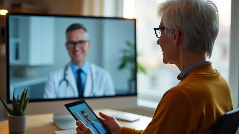 Senior woman having video consultation with doctor on tablet computer in home office, wearing glasses, professional medical setting visible on screen