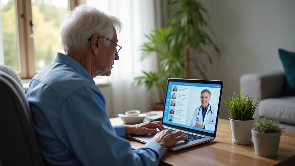 Medicare beneficiary using laptop for telehealth appointment with healthcare provider, comfortable home environment, medical