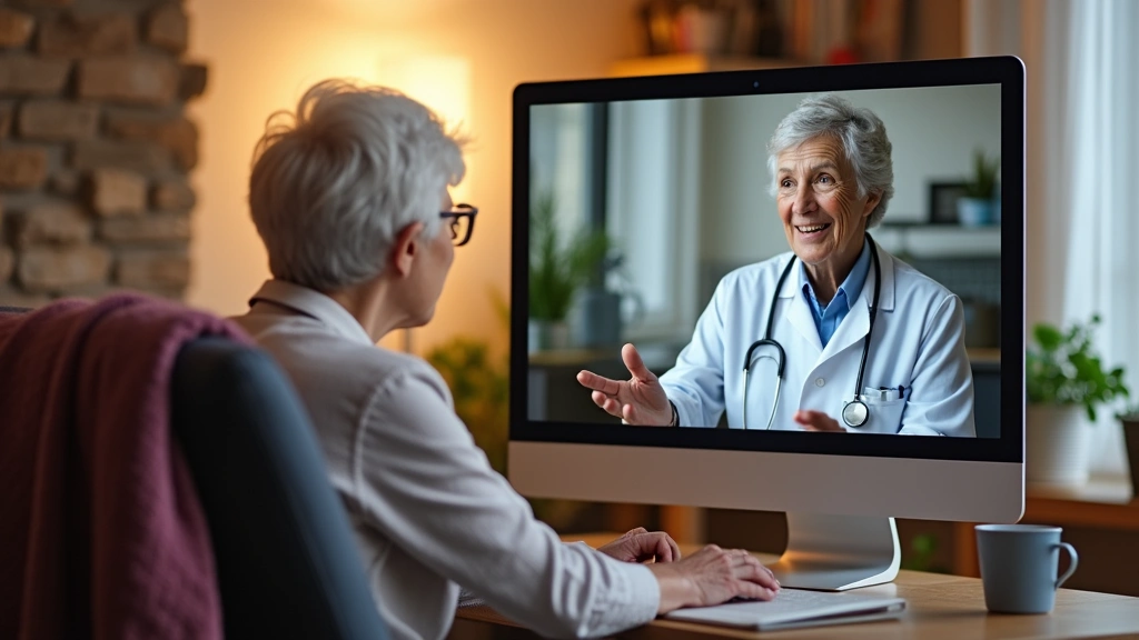 Elderly patient consulting with healthcare professional via secure video call on computer, warm home setting, healthcare prov