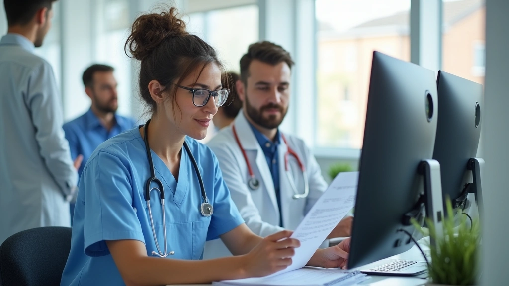 Professional healthcare worker assisting patient with computer enrollment form in modern medical office, diverse team setting, bright natural lighting, paperless digital health records visible on monitor