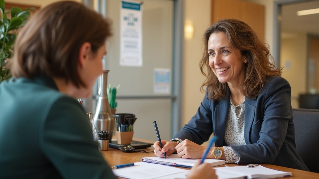 Connecticut resident speaking with certified health insurance enrollment specialist at community center desk, documents and h