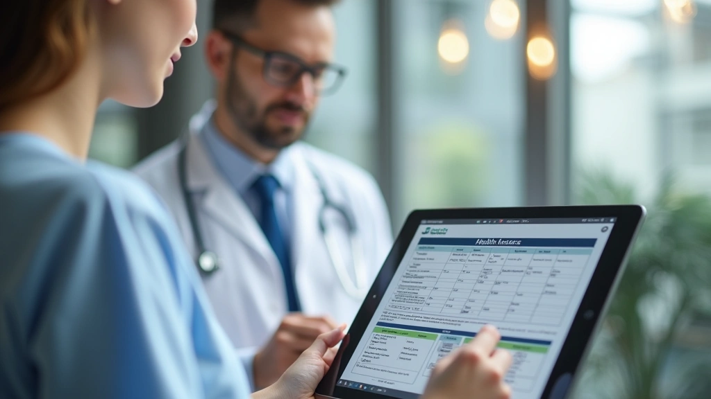 Patient reviewing health insurance plan documents on tablet with doctor in background, modern clinic setting, clear provider 