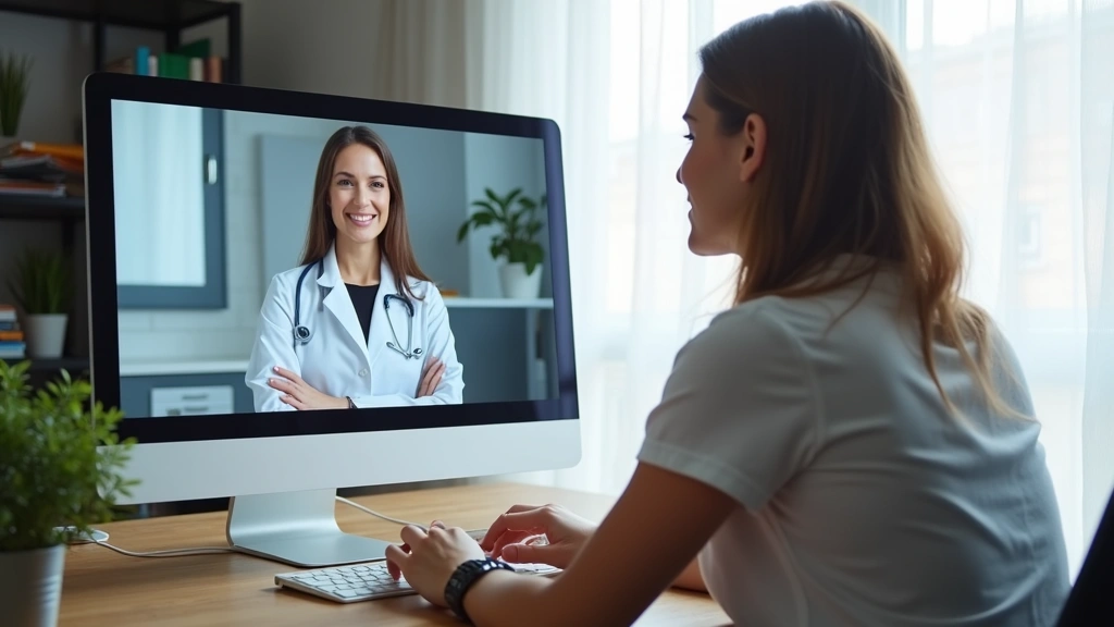 Professional woman in home office during video consultation with healthcare provider on computer screen, well-lit background, modern desk setup