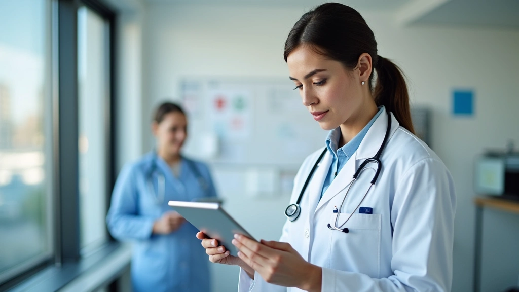 Licensed physician in clinical setting reviewing patient medical records on tablet, professional medical environment, stethos