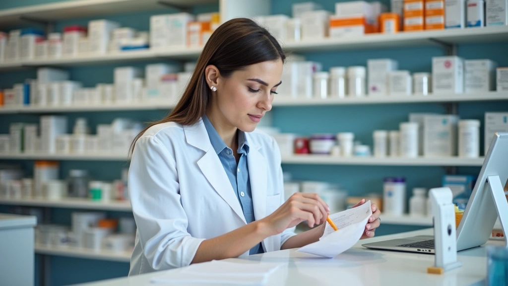 Pharmacist filling prescription medication at pharmacy counter, organized shelves of medications in background, professional 