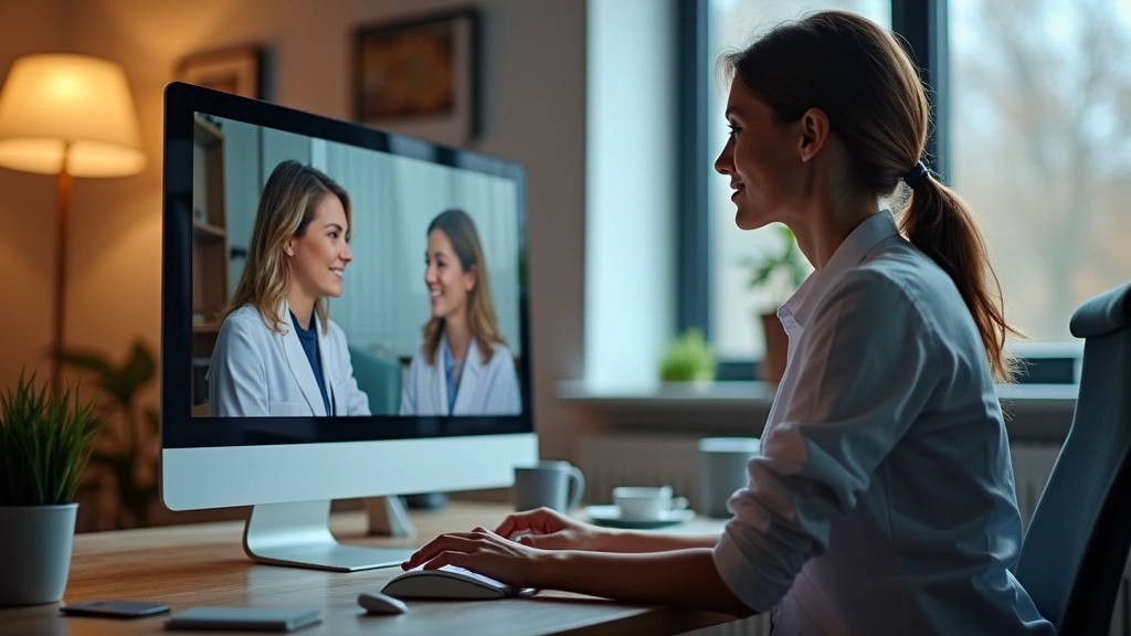 Professional female therapist in modern office conducting virtual video therapy session with patient on computer screen, warm lighting, clinical setting