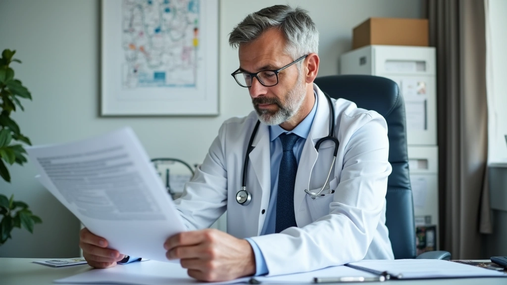 Male psychiatrist reviewing patient medical records and psychiatric evaluation documents at desk in healthcare office, profes