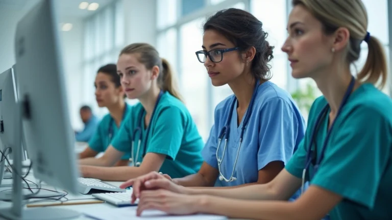 Professional healthcare team in modern hospital setting collaborating at nursing station with computers and medical charts, diverse medical professionals in scrubs