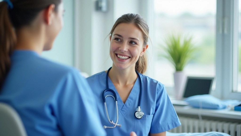 Young nurse or healthcare professional in blue scrubs smiling during patient interaction in bright hospital room with medical